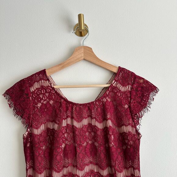 Anthropologie Maeve Elsa Lace Peplum Mini Sheath Dress Burgundy S - Picture 3 of 9